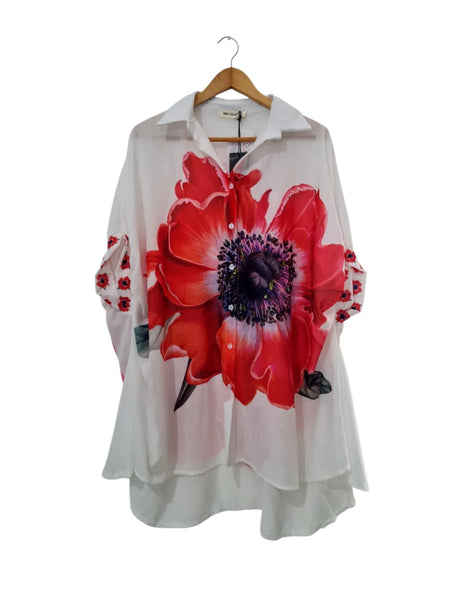 BLUSA CAMISERA FLOR ROJA 076